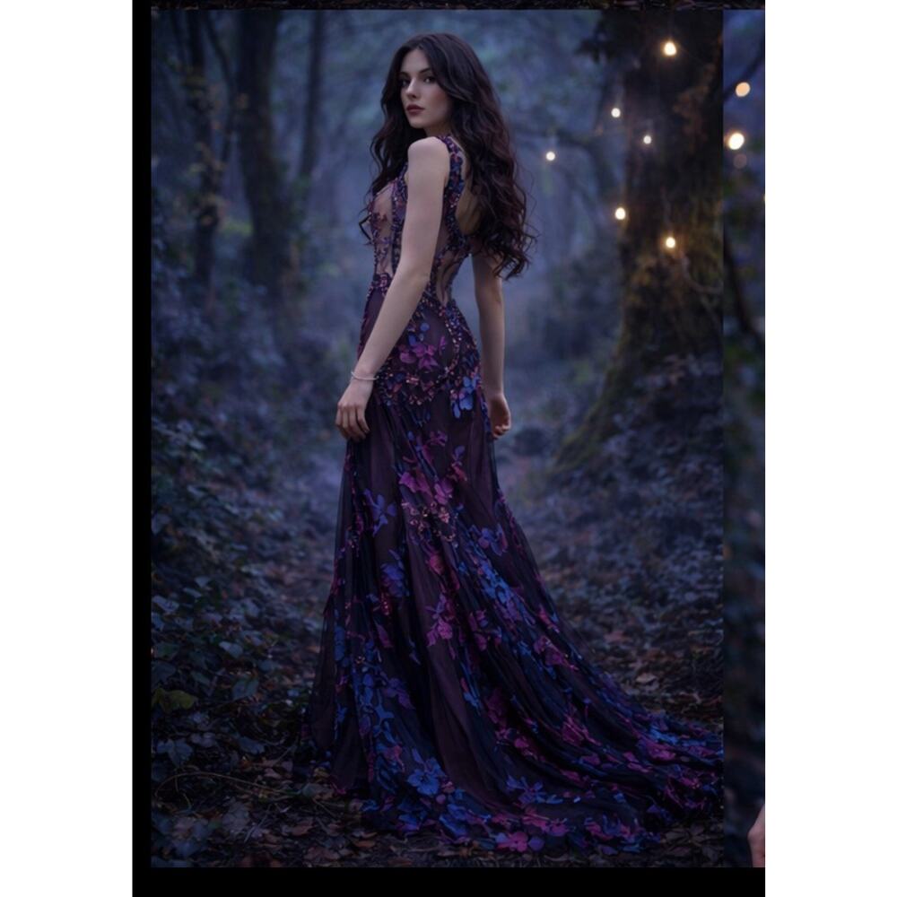 FLAWS Rare Fairy Dark Romance Silk Beaded Embroidered Floral Gown 14 Purple Maxi